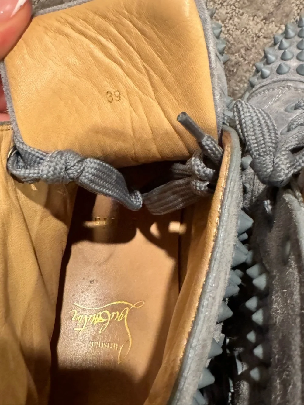 Christian Louboutin Gray Suede Studded High-Top Sneakers - Picture 5 of 6